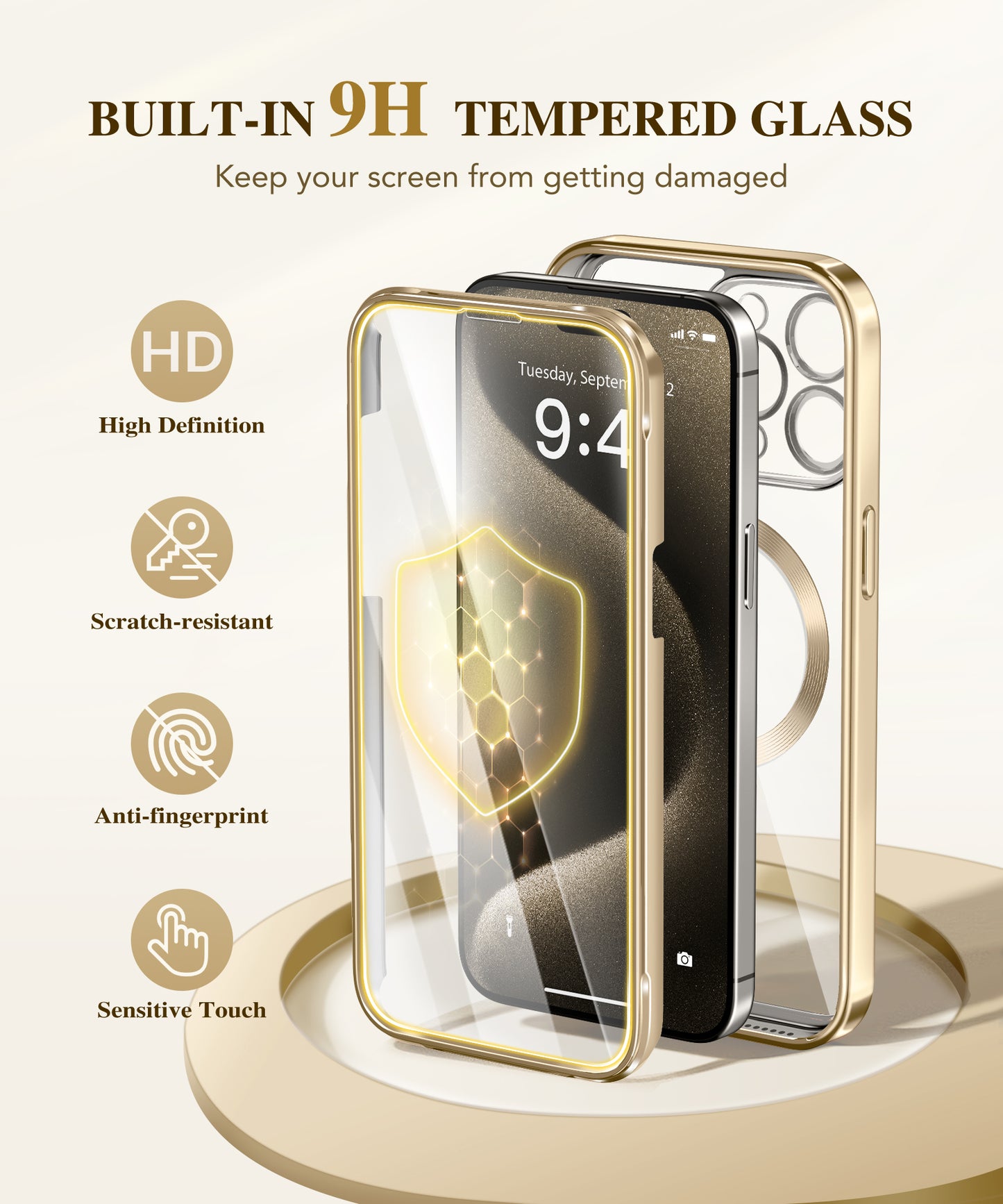 BERFY Magnetic for iPhone 15 Pro Max Case, Compatible with Magsafe, Built-in 9H Tempered Glass Screen Protector & Full Camera Protection, Full Body Plating Shockproof Phone Case for 15 Pro Max, Gold