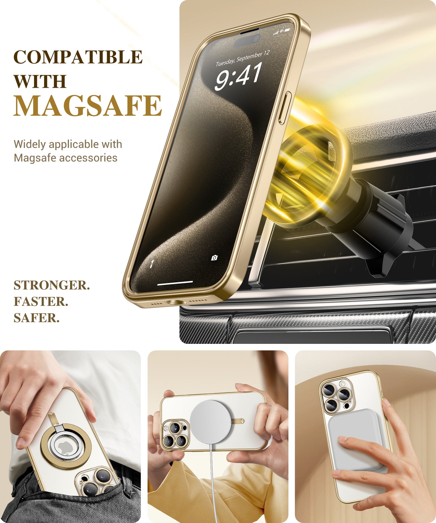 BERFY Magnetic for iPhone 15 Pro Max Case, Compatible with Magsafe, Built-in 9H Tempered Glass Screen Protector & Full Camera Protection, Full Body Plating Shockproof Phone Case for 15 Pro Max, Gold